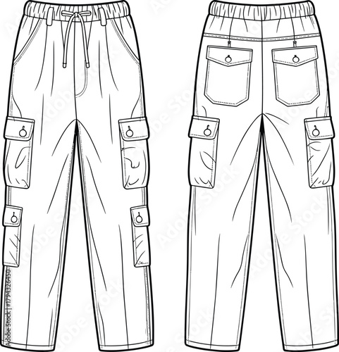Cargo pants with multiple flap pockets, elastic waistband, drawstring front, and detailed flat technical fashion illustration for modern apparel design templates