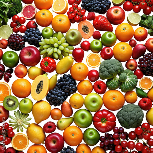 Vivid assortment of fresh fruits, berries, vegetables in vibrant colors