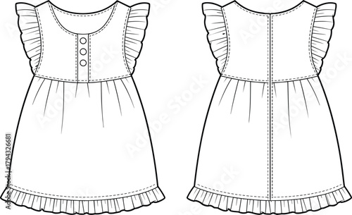 Cute baby girl dress fashion flat sketch, ruffle sleeve design, toddler clothing vector template, kids apparel technical drawing illustration