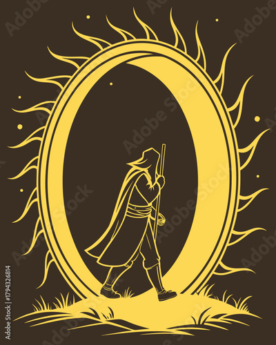 Abstract Bright Gold Circle Frame with Energy Flare and Reflection