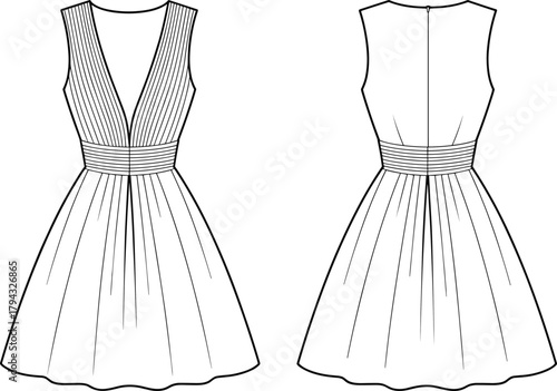 Elegant sleeveless pleated dress, deep V neck women’s dress design, fashion flat sketch, vector clothing template for apparel illustration