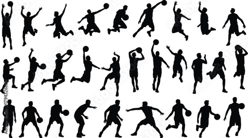 Basketball player silhouette, dynamic action poses, dribbling, shooting, dunking, passing, jumping, sports movement, athletic figure, black icon, vector illustration, team sport concept