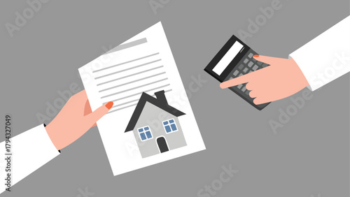 Professional businesswoman meticulously calculating mortgage payment using calculator and financial documents illustrating financial planning and home ownership