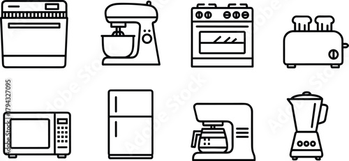 Minimal kitchen appliance line icons featuring dishwasher, mixer, stove, toaster, microwave, refrigerator, coffee maker, and blender for modern home design