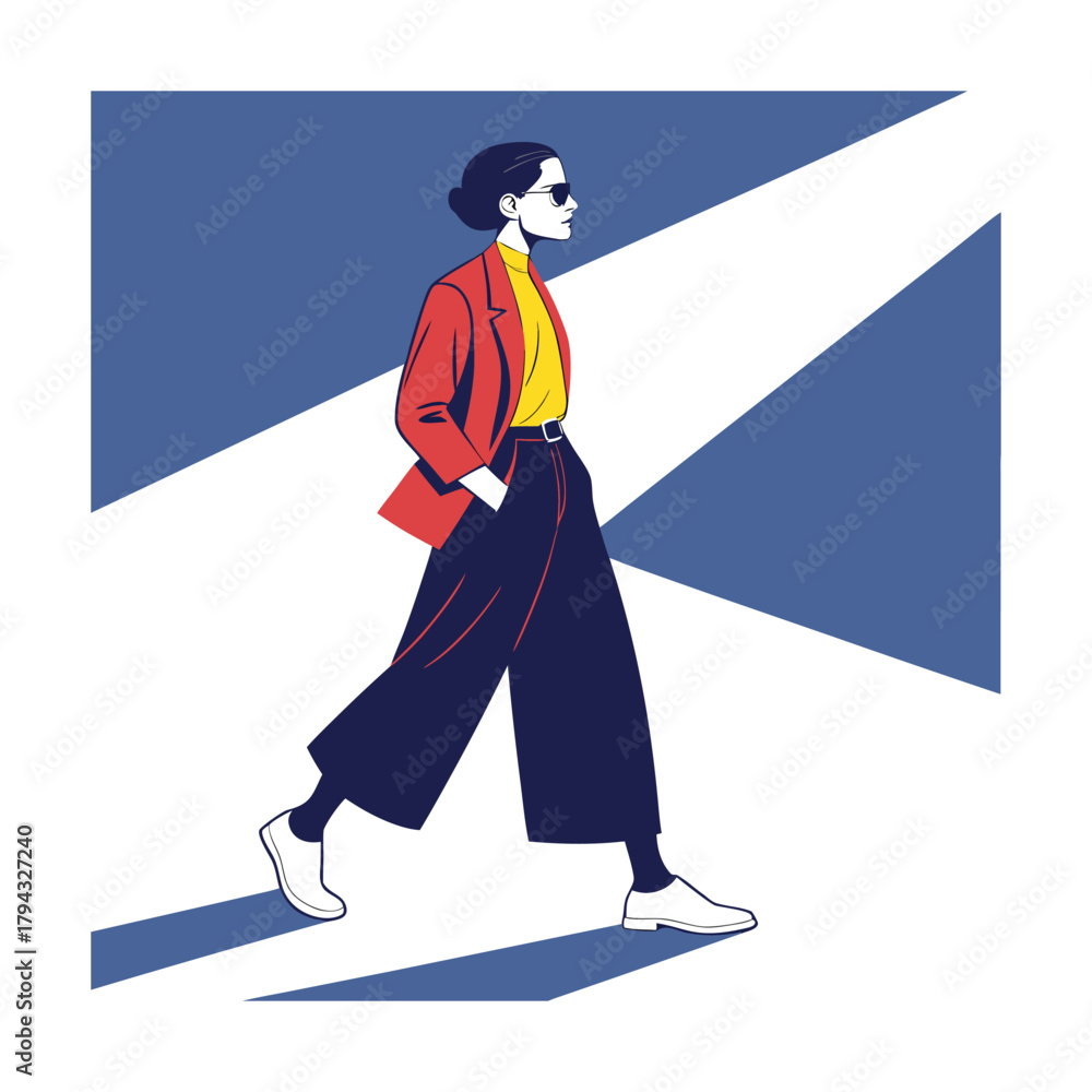 Obraz premium Illustration of a woman walking in a fashionable outfit she is wearing a red jacket, yellow shirt, and black pants