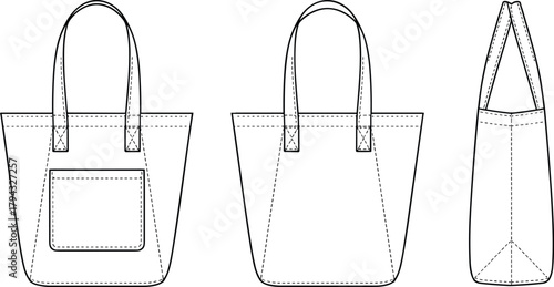 Minimalist tote bag technical drawing, front back and side views, clean vector outline design, fashion accessory blueprint for sewing and product presentation
