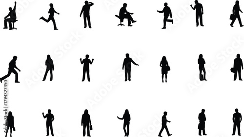 Silhouette collection of diverse people walking, sitting, standing and gesturing in various everyday poses for design, illustration and creative projects