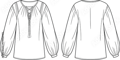 Fashion illustration, blouse sketch, lace-up neckline, tassel detail, pleated shoulder, voluminous sleeves, technical drawing, garment design, apparel template, clothing mockup, textile concept
