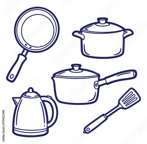 Simple hand drawn kitchen utensils illustration featuring frying pan pot saucepan kettle and spatula