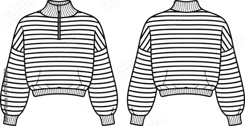 Striped long-sleeve pullover sweater with ribbed cuffs, mock neck, half-zip front, and detailed flat fashion illustration for apparel designStriped long-sle