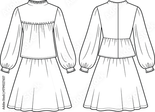 Fashion illustration, dress design sketch, ruffled neckline, puffed sleeves, flared skirt, technical drawing, garment construction, apparel template, clothing mockup, textile concept, fashion flat