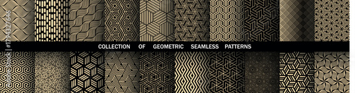 Geometric set of seamless black and golden patterns. Simple vector graphics