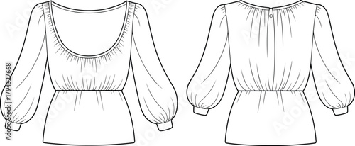 Fashion illustration, blouse sketch, scoop neckline, bishop sleeves, gathered cuffs, peplum silhouette, technical drawing, garment design, apparel template, clothing mockup, textile concept