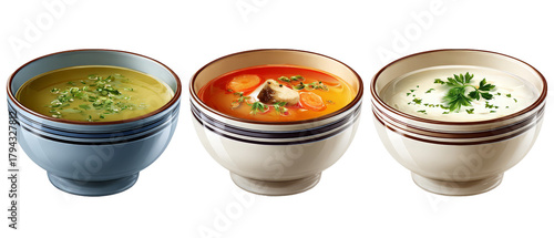 Wallpaper Mural Three bowls of vibrant soups, featuring a green vegetable soup, a hearty chicken soup with vegetables, and a creamy white soup, displayed against a neutral background, ideal for culinary presentations Torontodigital.ca