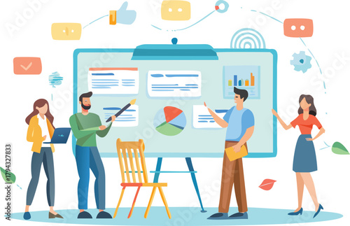 Professional businesswoman in a suit presenting a new project on a large whiteboard with colorful charts and graphs