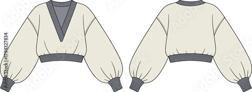 Trendy cropped sweater with balloon sleeves, V neck pullover top, ribbed cuffs and hem, women fashion flat sketch design