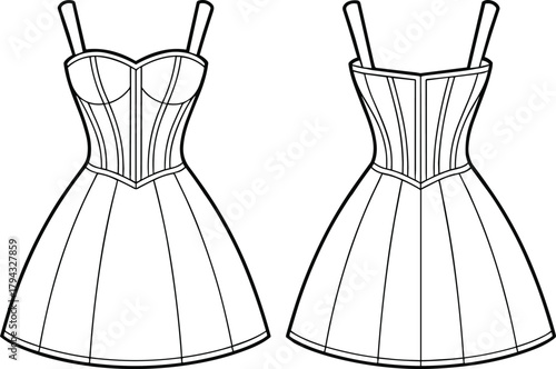 Women corset dress fashion flat sketch, strap dress design, fitted bodice gown, ladies apparel template, elegant clothing vector illustration
