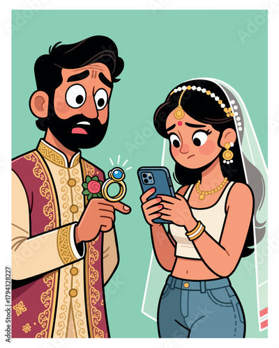 Groom proposes to distracted bride on phone, highlighting modern relationship issues