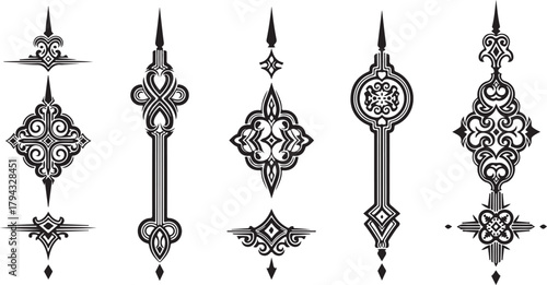 Ornate black decorative elements with intricate swirling patterns and sharp points