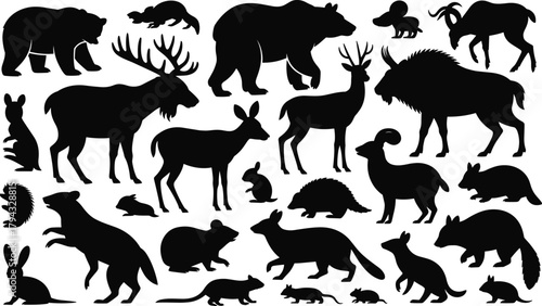 Wild animal silhouettes, forest creatures, black vector icons, wildlife shapes, mammals outline, nature species, hunting animals, rodent silhouettes, moose deer bear raccoon rabbit