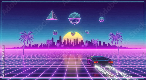 Retro futuristic cityscape with a sports car driving on a grid road under a neon sunset.