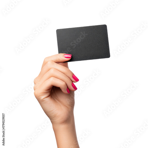 Female hand holding a black credit card with mockup on transparent background