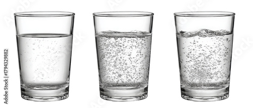Three clear glasses filled with varying levels of carbonated water, showcasing the effervescence and bubbles, with a simple black background for contrast