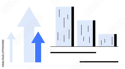 Three ascending arrows and a bar chart symbolizing growth, success, and results analysis. Ideal for business, finance, data growth, performance tracking, economy trends, goal achievement simple flat