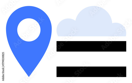 Blue location pin next to light cloud and three black horizontal bars. Ideal for maps, navigation, cloud storage, weather updates, data syncing, geolocation, and modern technology. Simple flat