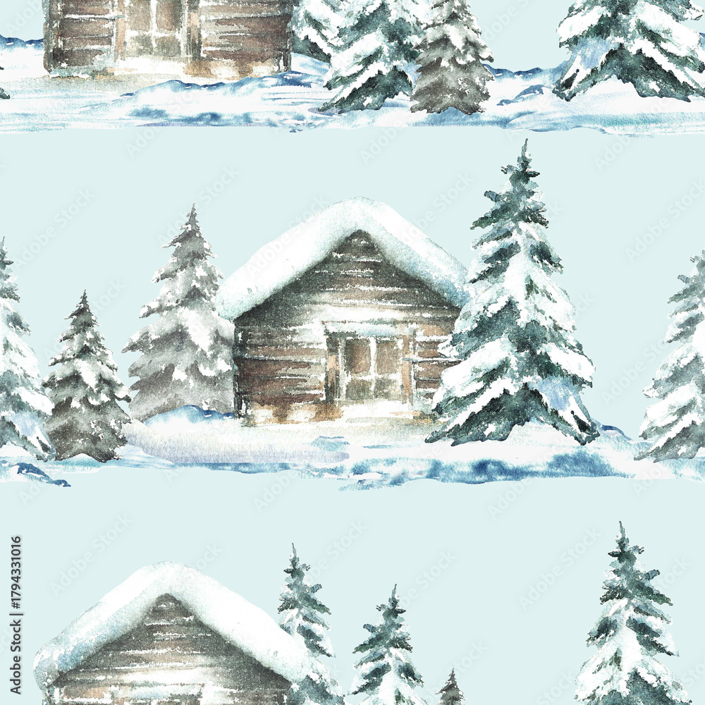Fototapeta premium Winter landscape snow covered cabin with snowy spruce tree watercolor seamless pattern. Wooden house and Christmas fir realistic hand drawn illustration Fabric on isolated light blue green background