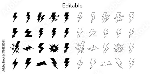 Lightning Bolt Icons | Lightning Bolt Outline Icons | blitz lightnings strike sign |  Electric energy black silhouettes | power concept