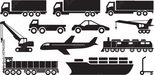Trucks airplanes trains ships cranes cars and carts vector
