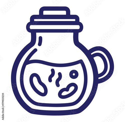 Vector illustration of a potion bottle with floating mystical elements in a blue outline