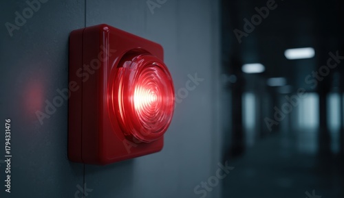 A bright red emergency light is illuminated on a wall, providing a visual warning in a building hallway, indicating a potential hazard or urgent situation that requires immediate attention and action