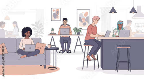 Diverse group of people working remotely on laptops in a modern, shared living and working space.