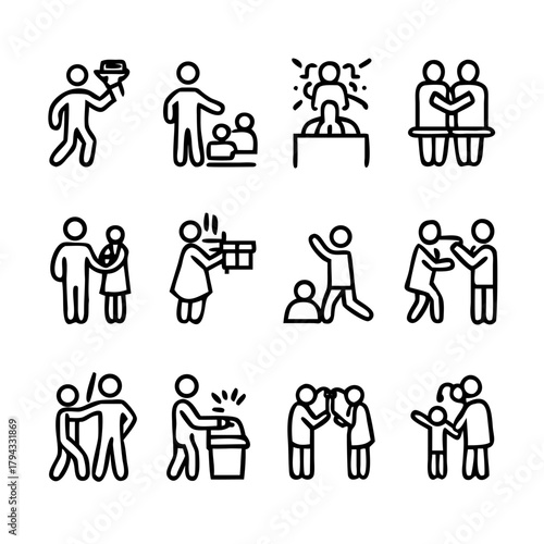 Human Figures Icon Set Representing Social Interactions