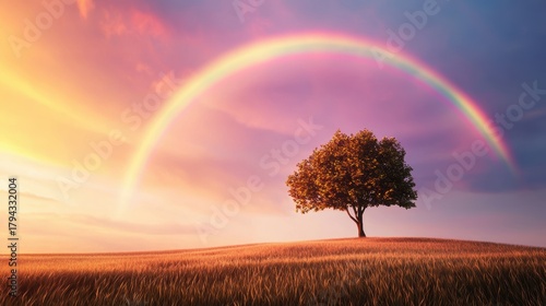 Fototapeta Naklejka Na Ścianę i Meble -  Fantasy summer image with a giant rainbow over a peaceful meadow, offering a surreal atmosphere.