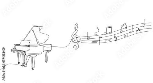 A single line continuous drawing of a grand piano with musical notes flowing from it, representing music and creativity