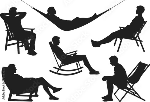 Chair silhouette set, seated posture vector, hammock pose, lounge chair icon, ergonomic design, sitting person, furniture illustration