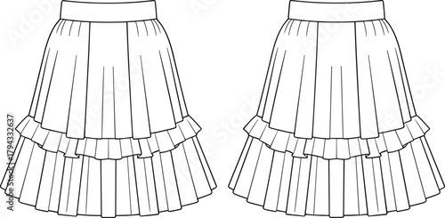 Pleated ruffle skirt flat sketch, fashion illustration, layered design, garment template, front and back view, vector drawing, apparel style
