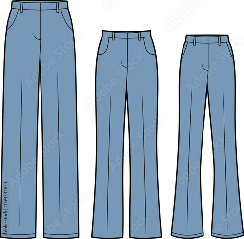 Pants size comparison flat sketch, fashion illustration, front seam detail, belt loops, garment template, vector drawing, apparel design