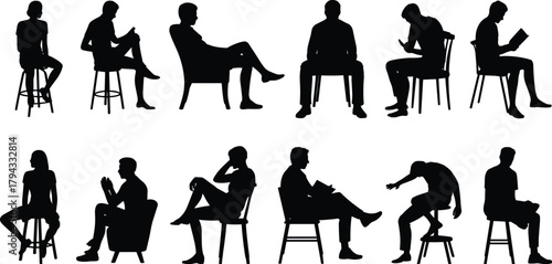 Seated posture silhouette set, chair and stool poses, reading and relaxing vector, ergonomic design, human behavior, furniture icon