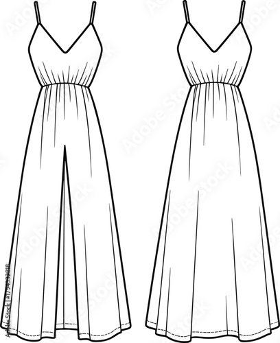 Sleeveless jumpsuit flat sketch, fashion illustration, V-neck design, spaghetti straps, wide-leg pants, front slit, garment template, vector art