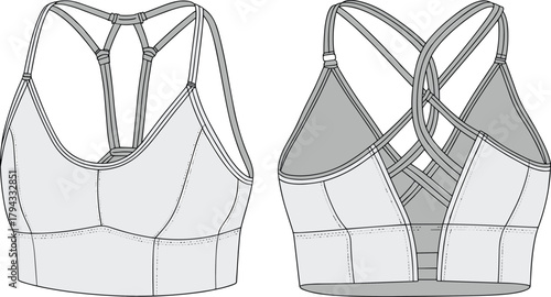 Sports bra technical sketch, fashion illustration, crisscross strap design, adjustable support, front and back view, garment template, vector drawing, apparel
