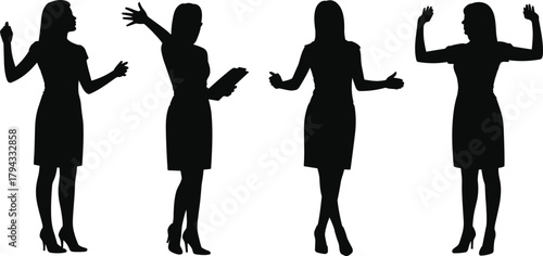 Woman silhouette poses, dress and heels, gesture vector, expressive body language, fashion icon, elegant stance, communication design
