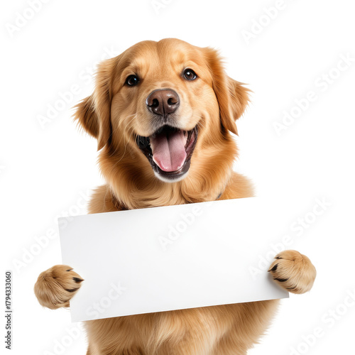 Smiling dog holding a blank sign. Cute, bright background