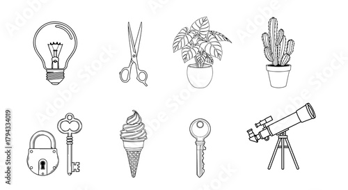 Line drawing of Everyday Items on a Transparent Background 