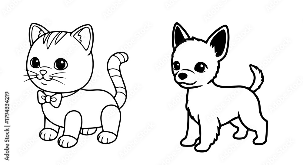 Fototapeta premium Cartoon Cat and Dog Duo in Playful Line Art Style