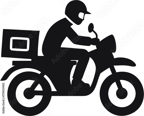 Silhouette of a delivery person riding a motorcycle with a box on the back in a simple black design style | editable eps vectors