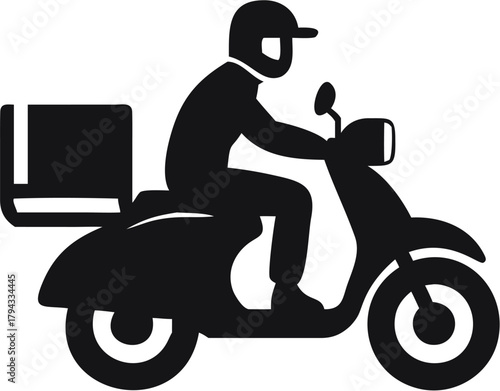 Silhouette of delivery person on scooter with package box delivering goods quickly and efficiently online | editable eps vectors